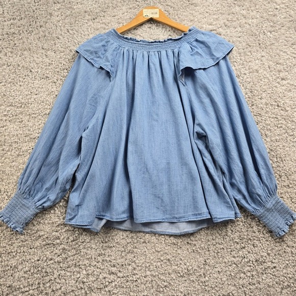 Old Navy Shirt Womens 2X Blue Long Sleeve Denim Cotton Cowgirl Boho‎ Peasant - Picture 8 of 12